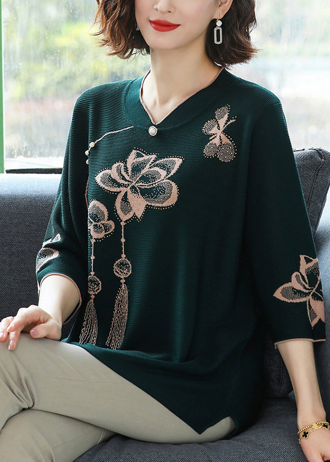 Classy Blackish Green V Neck Print Ice Silk Knit Top Summer TR014