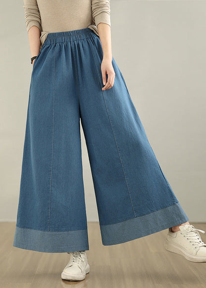 Pants Leg Denim Wide Waist Classy Elastic Summer Blue