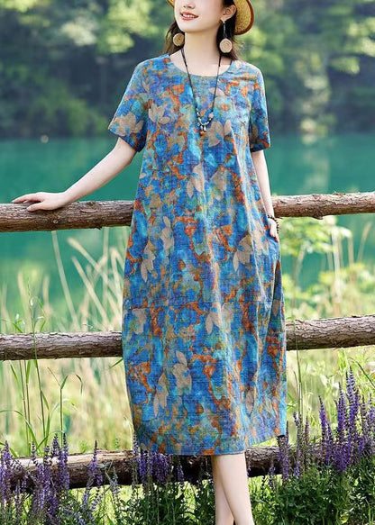 Print Cotton Long Blue Dress Summer Classy O-Neck