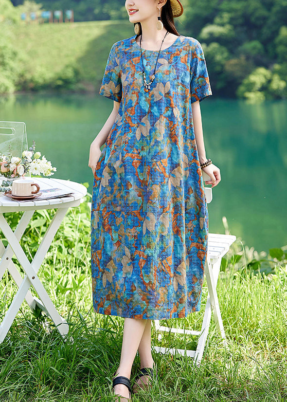 Print Cotton Long Blue Dress Summer Classy O-Neck