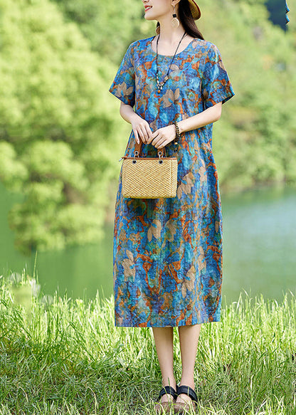 Print Cotton Long Blue Dress Summer Classy O-Neck