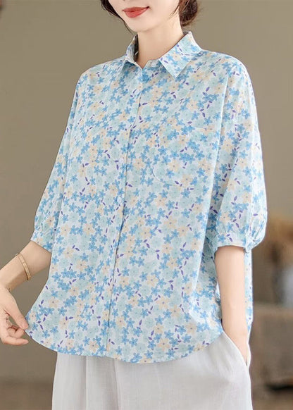 Sleeve Classy Half Cotton Blue Blouse Tops Print Oversized