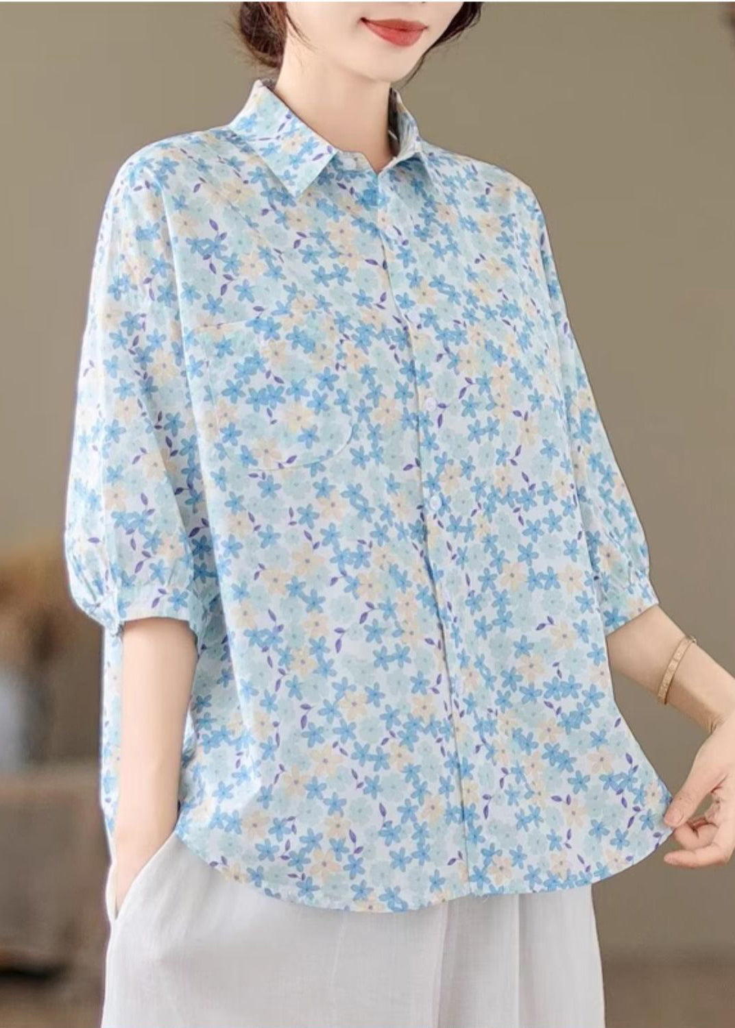 Sleeve Classy Half Cotton Blue Blouse Tops Print Oversized