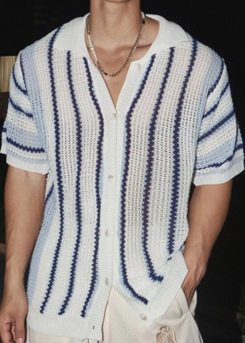 Striped Tshirt Mens Pan Collar Knit Summer Peter Blue Classy