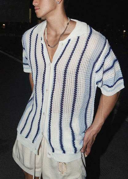 Striped Tshirt Mens Pan Collar Knit Summer Peter Blue Classy