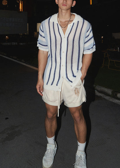 Striped Tshirt Mens Pan Collar Knit Summer Peter Blue Classy