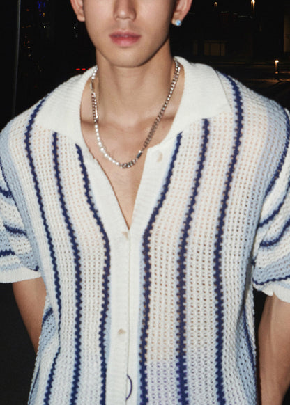 Striped Tshirt Mens Pan Collar Knit Summer Peter Blue Classy