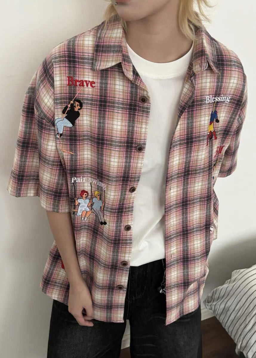 Shirts Cotton Plaid Print Half Button Classy Blue Men's Sleeve