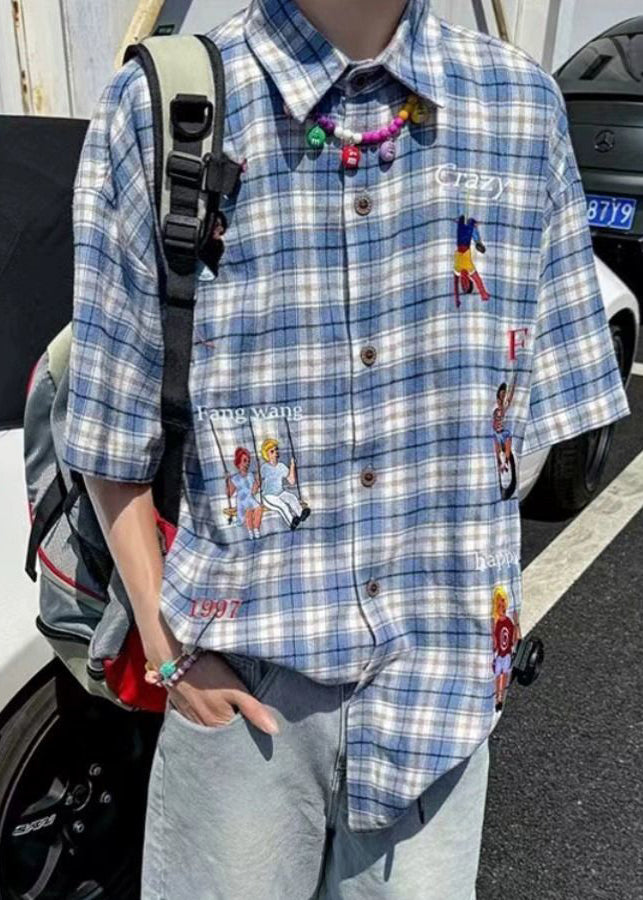 Shirts Cotton Plaid Print Half Button Classy Blue Men's Sleeve