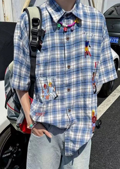 Shirts Cotton Plaid Print Half Button Classy Blue Men's Sleeve