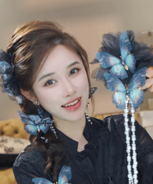Fabric Pearl Blue Hairpin Tassel Classy Zircon