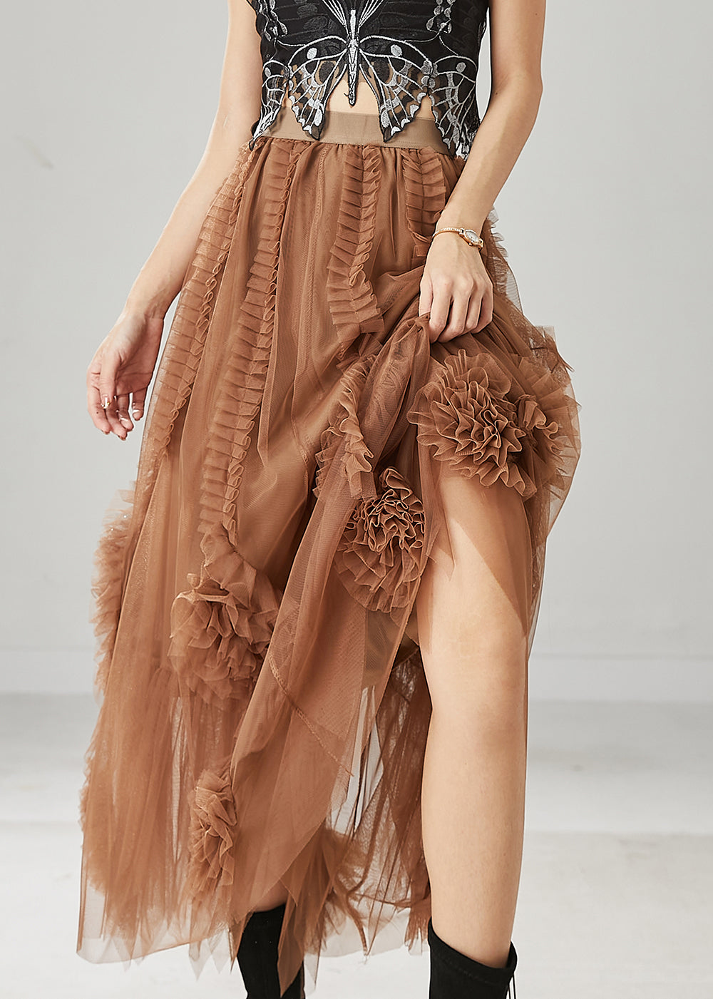 Classy Brown Ruffled Stereoscopic Floral Tulle Skirt Spring YU1063