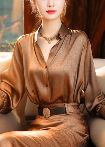 Blouse Stand Button Lantern Classy Collar Silk Top Sleeve Brown