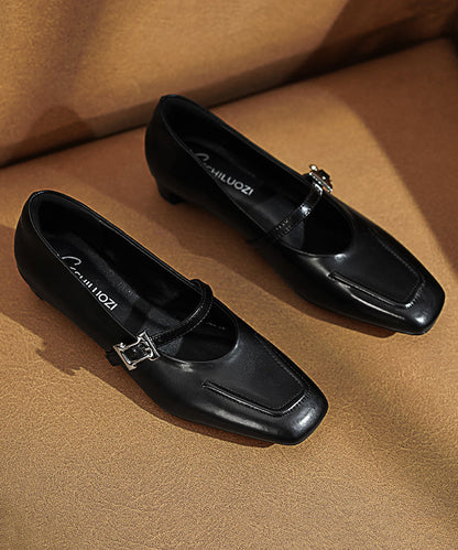 Black Leather Chunky Cowhide Buckle Splicing Strap Classy