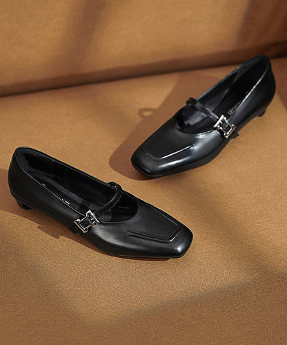 Black Leather Chunky Cowhide Buckle Splicing Strap Classy