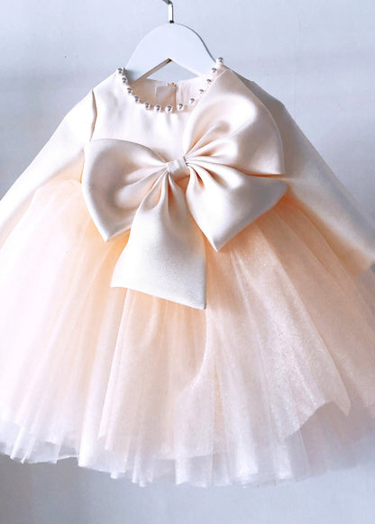 Classy Champagne Patchwork Bow Tulle Kids Long Dress Spring YS041