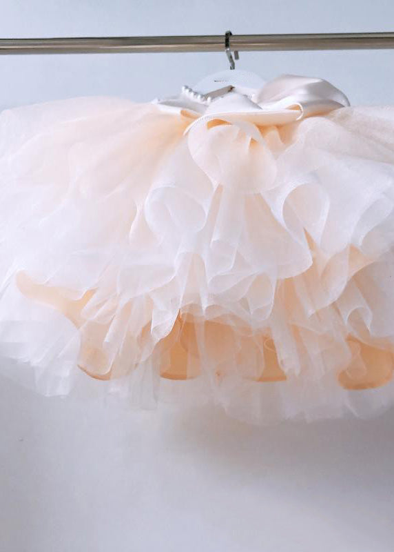 Classy Champagne Patchwork Bow Tulle Kids Long Dress Spring YS041
