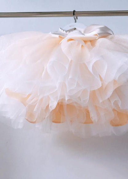 Classy Champagne Patchwork Bow Tulle Kids Long Dress Spring YS041