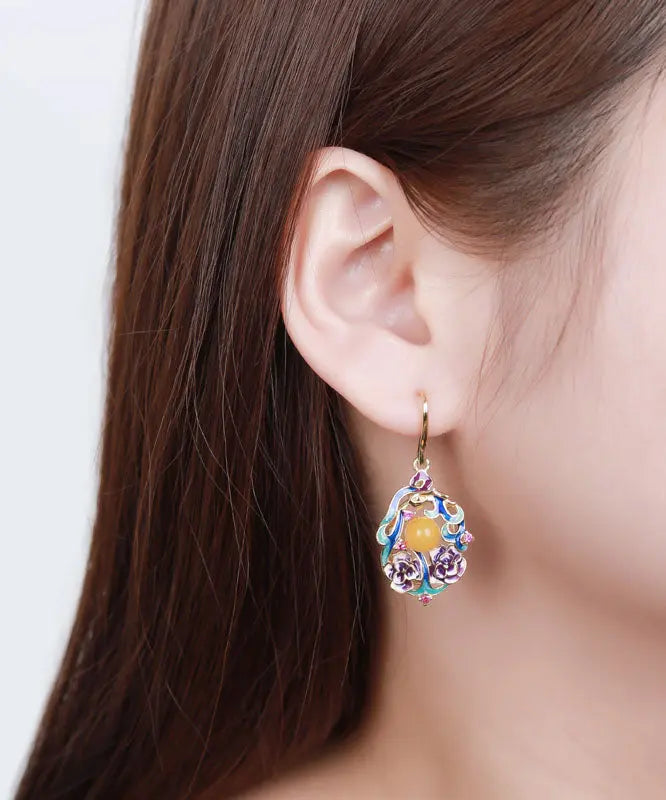 Classy Colorblock Sterling Silver Inlaid Beeswax Floral Drop Earrings Ada Fashion