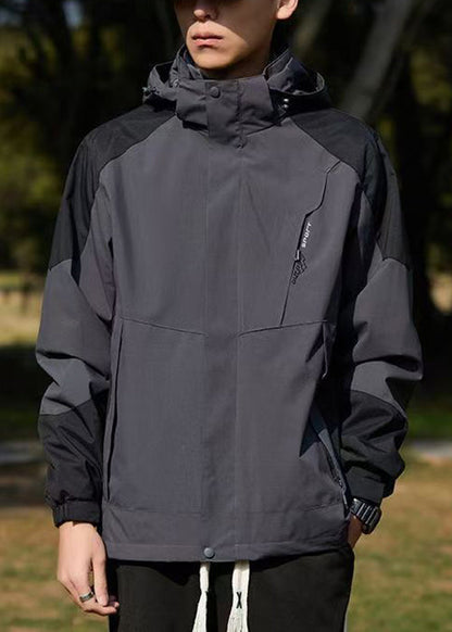 Hooded Spring Cotton Dark Coat Gray Classy Men Patchwork Pockets