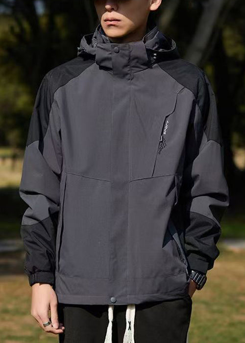 Hooded Spring Cotton Dark Coat Gray Classy Men Patchwork Pockets
