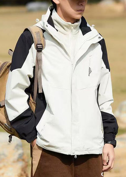 Hooded Spring Cotton Dark Coat Gray Classy Men Patchwork Pockets