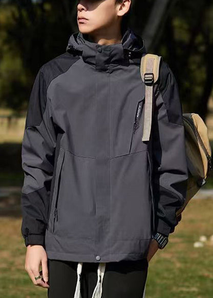 Hooded Spring Cotton Dark Coat Gray Classy Men Patchwork Pockets