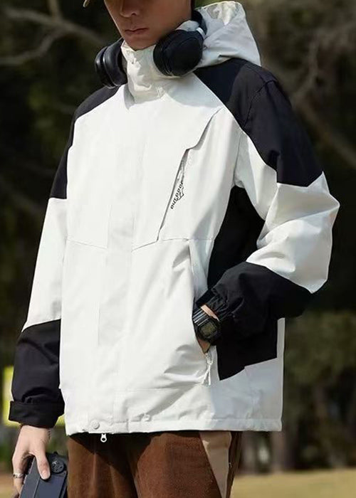 Hooded Spring Cotton Dark Coat Gray Classy Men Patchwork Pockets