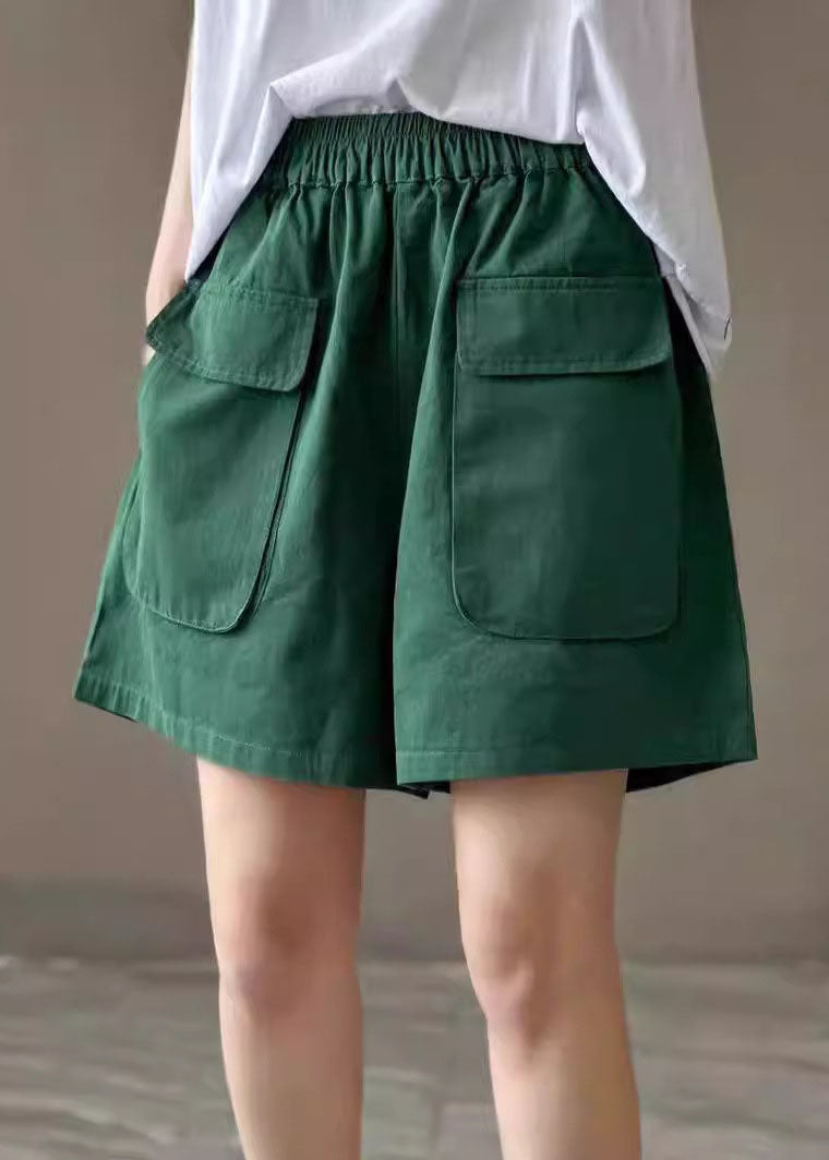 Shorts Waist Pockets Elastic Green Cotton Summer Classy Pants