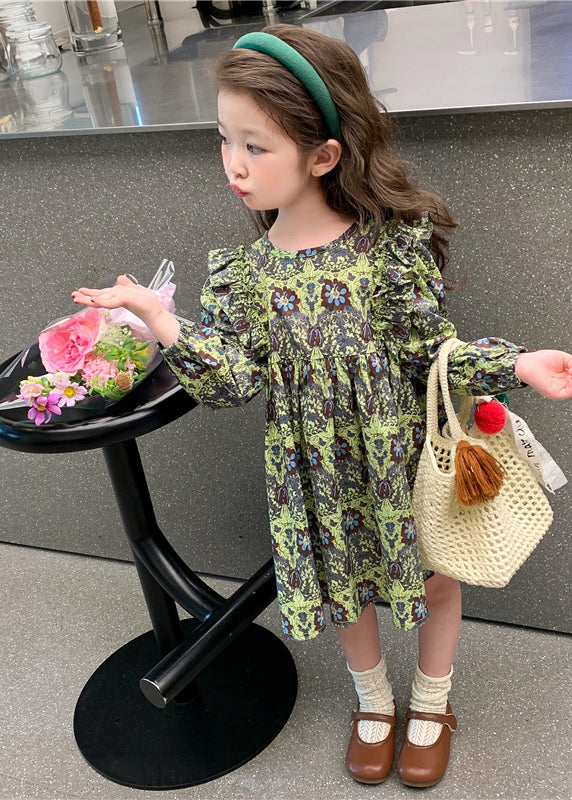 Classy Green Ruffled Patchwork Girls Maxi Dress Long Sleeve SS1054