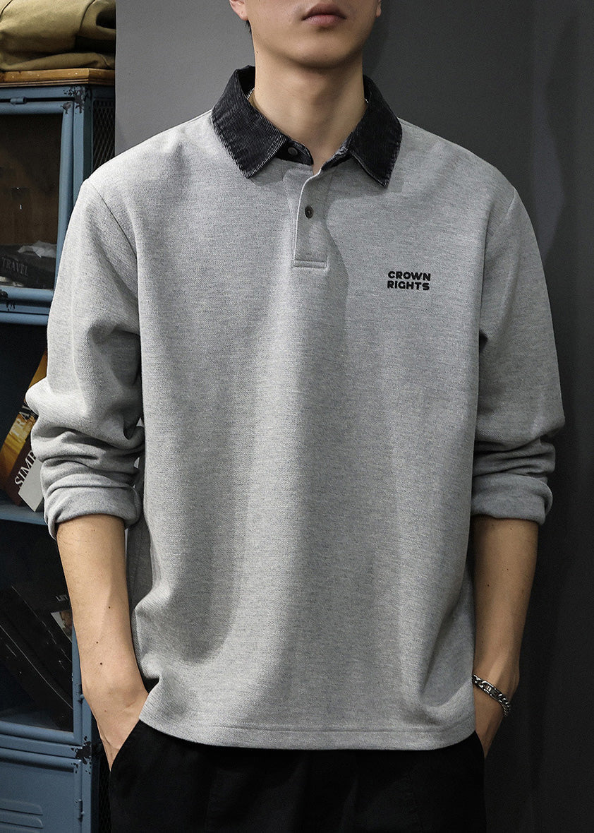 Sweatshirt Patchwork Men Classy Button Polo Cotton Oversized TC035 Spring Grey