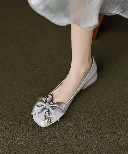 Grey Cowhide Classy Flat Splicing Shoes Chunky Leather Bow