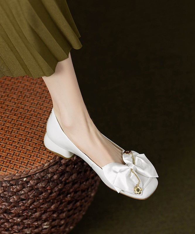 Grey Cowhide Classy Flat Splicing Shoes Chunky Leather Bow