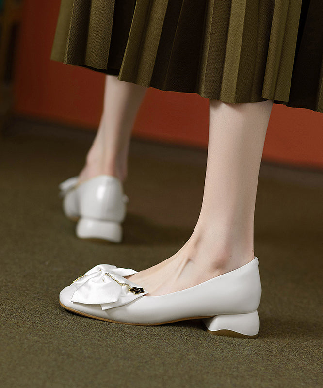 Grey Cowhide Classy Flat Splicing Shoes Chunky Leather Bow