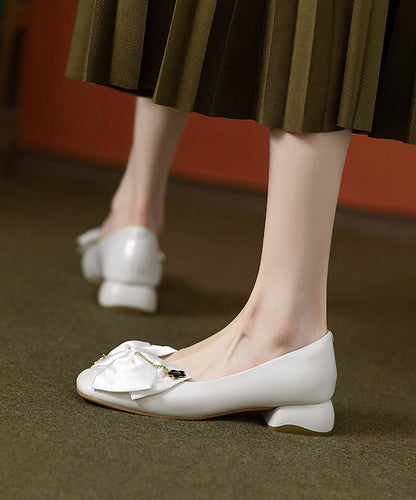 Shoes Chunky Classy Cowhide Flat Grey Leather Splicing Bow