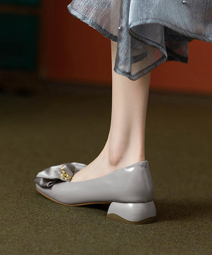 Grey Cowhide Classy Flat Splicing Shoes Chunky Leather Bow