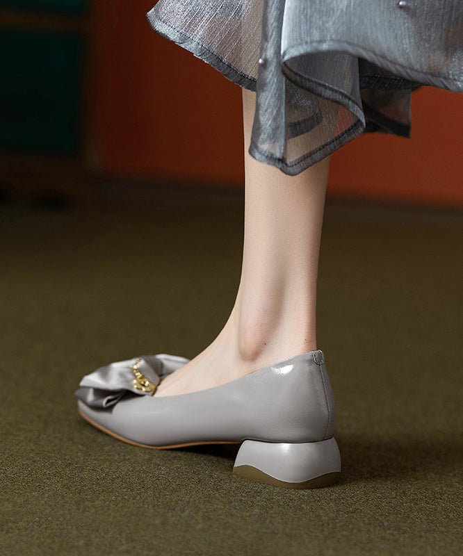 Shoes Chunky Classy Cowhide Flat Grey Leather Splicing Bow