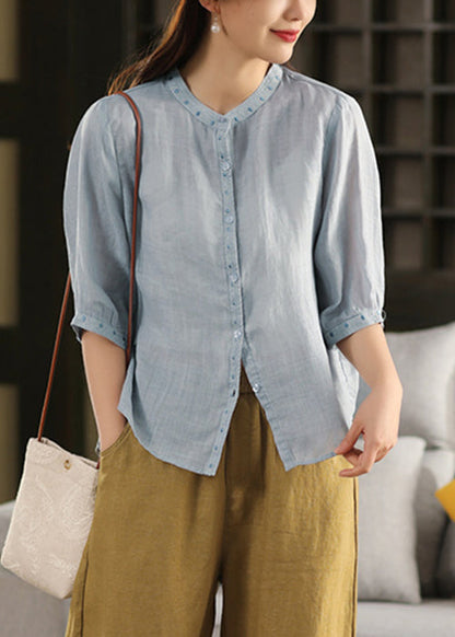 Sleeve Grey Half Embroidered Linen Classy Button Blouses