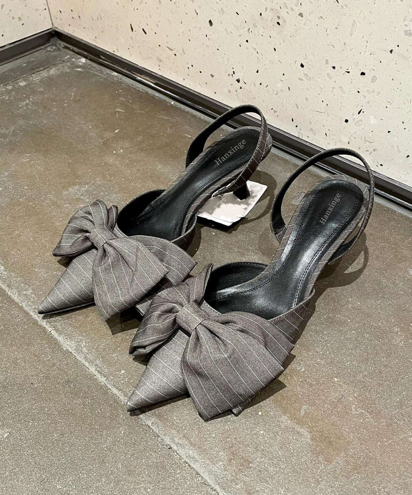 Sandals Splicing High Pointed Grey Heel Classy Toe Bow