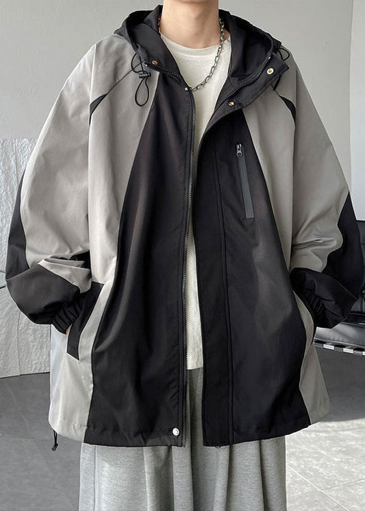 Cotton Hooded Patchwork Mens Classy Coats Grey Drawstring Spring