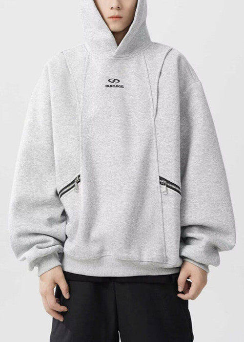 Classy Grey Hooded Zippered Warm Fleece Men Sweatshirt Spring YQ029