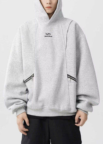 Classy Grey Hooded Zippered Warm Fleece Men Sweatshirt Spring YQ029