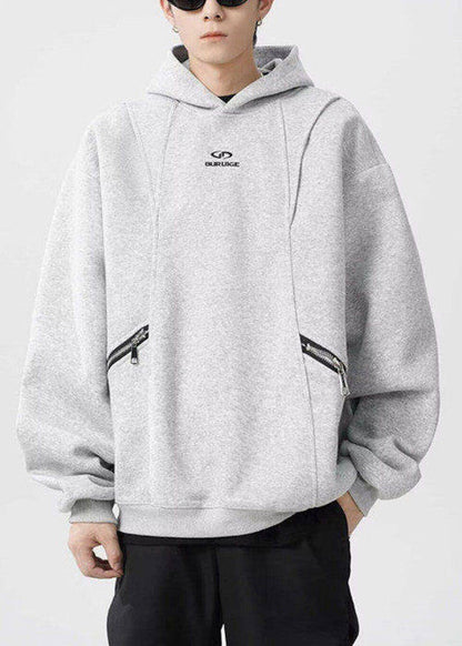 Classy Grey Hooded Zippered Warm Fleece Men Sweatshirt Spring YQ029