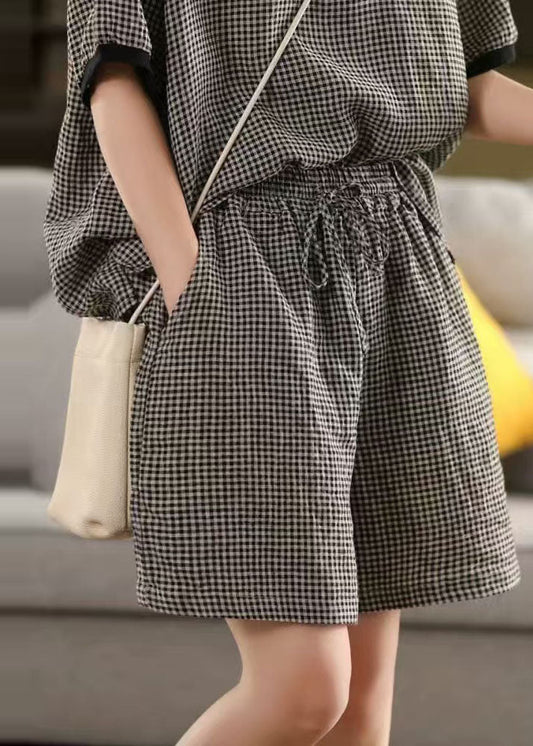 Classy Summer Oversized Plaid Linen Shorts Grey