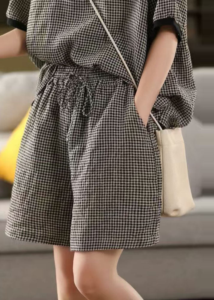 Classy Summer Oversized Plaid Linen Shorts Grey