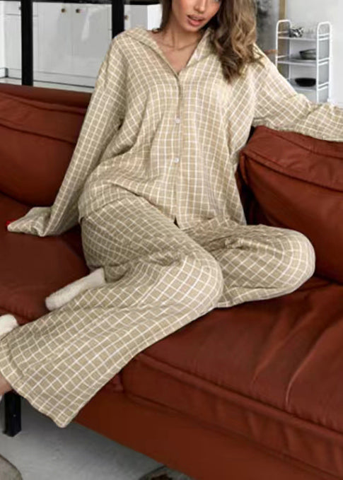 Sets Fall Pajama Classy Cotton Oversized Plaid Khaki
