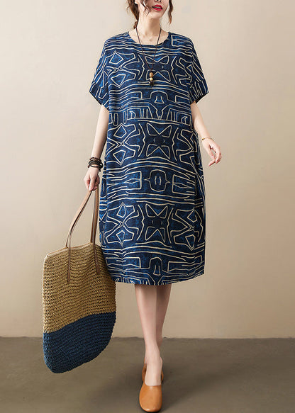 Robe Dresses Linen Navy Summer Classy Oversized Print