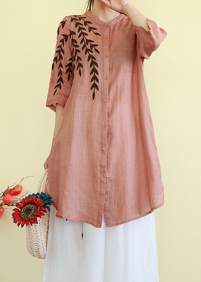 Classy Orange Embroidered Linen Mid Dresses Summer TM004