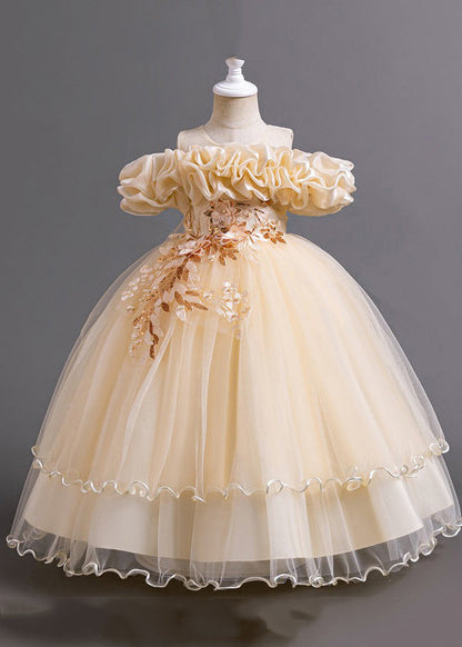 Classy Pink Embroideried Bow Tunic Tulle Girls Long Dress Short Sleeve YG018