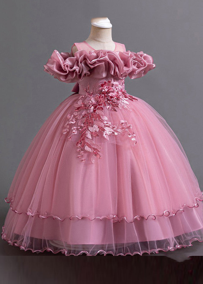 Classy Pink Embroideried Bow Tunic Tulle Girls Long Dress Short Sleeve YG018